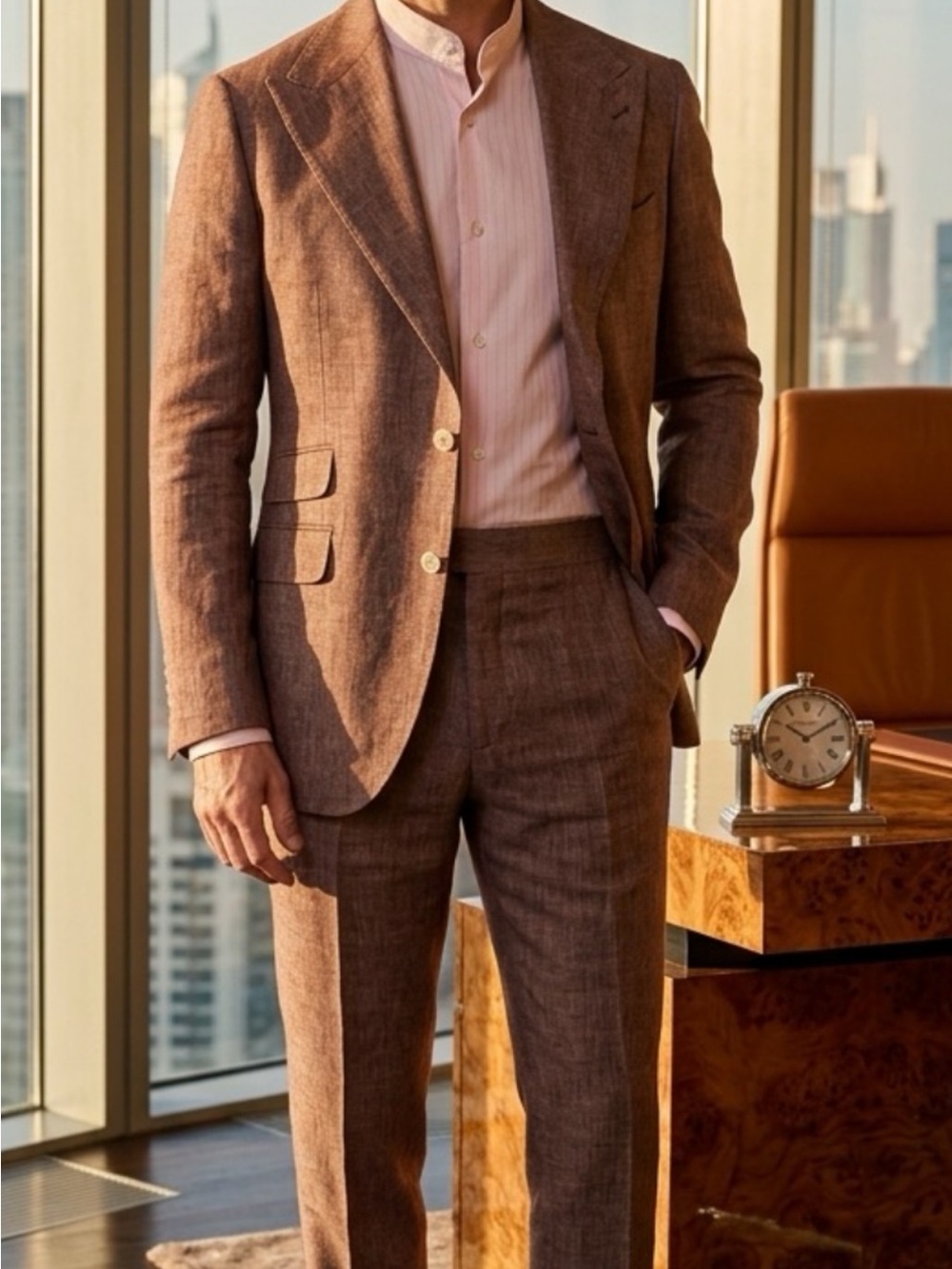 Brown khaki Men's Linen suit made in Italy